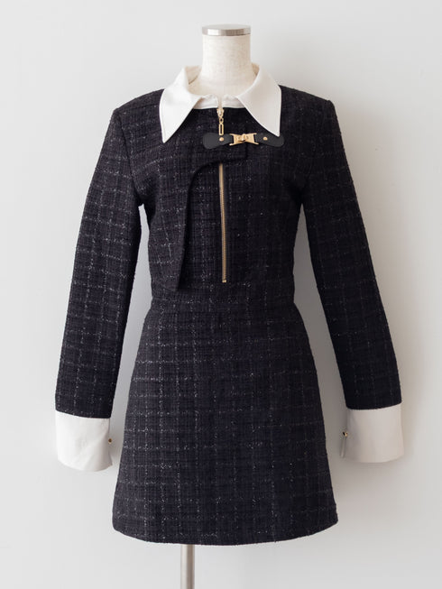 Asymmetry buckle tweed dress